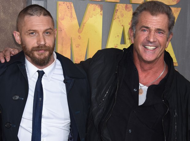 Tom Hardy and Mel Gibson at the premiere of Mad Ma