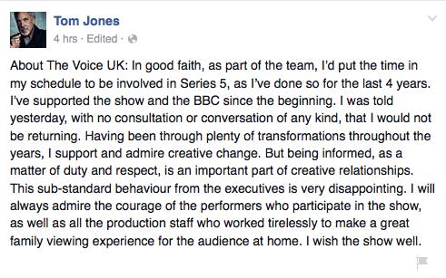 Tom Jones Facebook post the voice