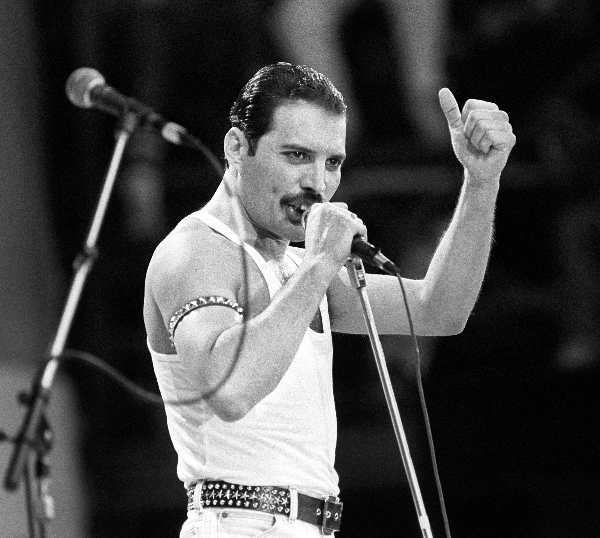 Queen's Freddie Mercury performing at Live Aid in 