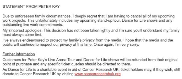 Peter Kay cancels 2018 UK tour
